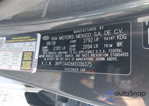 2019 Kia Forte S z USA, uszkodzony, nr VIN 3KPF34AD6KE036375